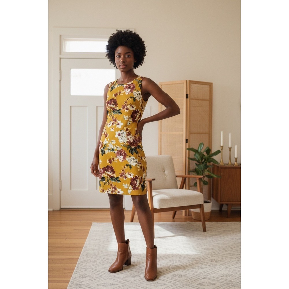 Apt. 9 Women Mustard Yellow Floral Sleeveless Sheath Dress Size 10 0536Y70